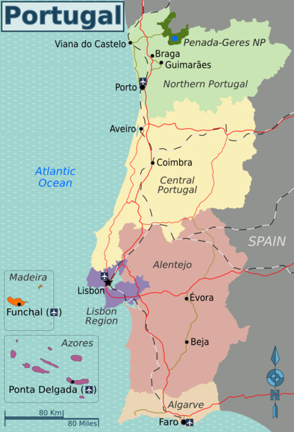 Mapa colorido de portugal com regiões e principais cidades
