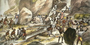 “Lavagem do minério de ouro, proximidades da montanha de Itacolomi”, Johann Moritz Rugendas, aquarela sobre papel, 30 x 26 cm, 1835