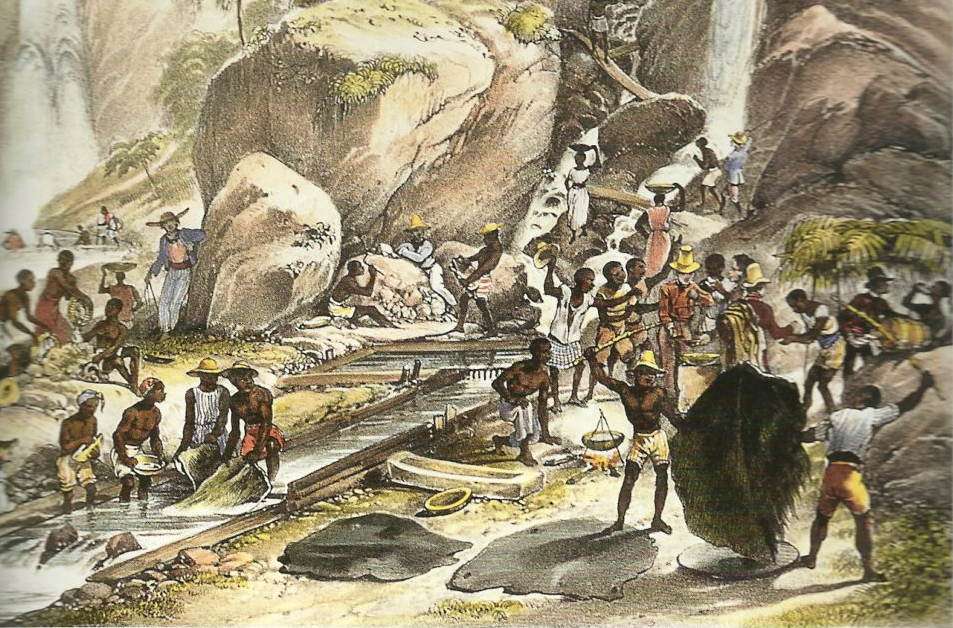 “Lavagem do minério de ouro, proximidades da montanha de Itacolomi”, Johann Moritz Rugendas, aquarela sobre papel, 30 x 26 cm, 1835